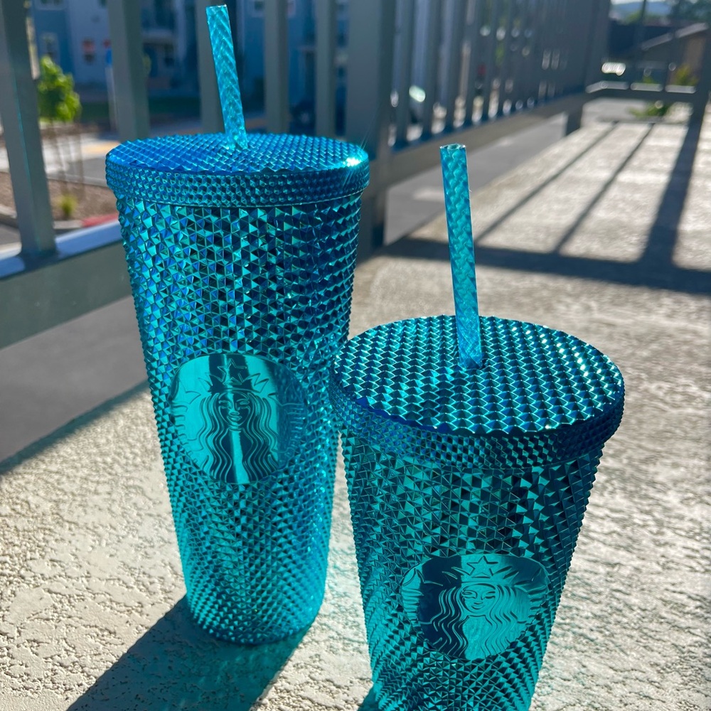 Studded teal starbucks tumbler set